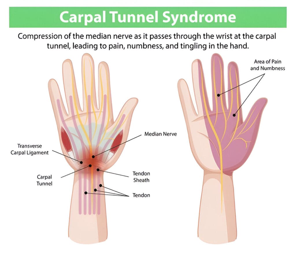 Illustration of carpal tunnel syndrome symptoms and anatomy